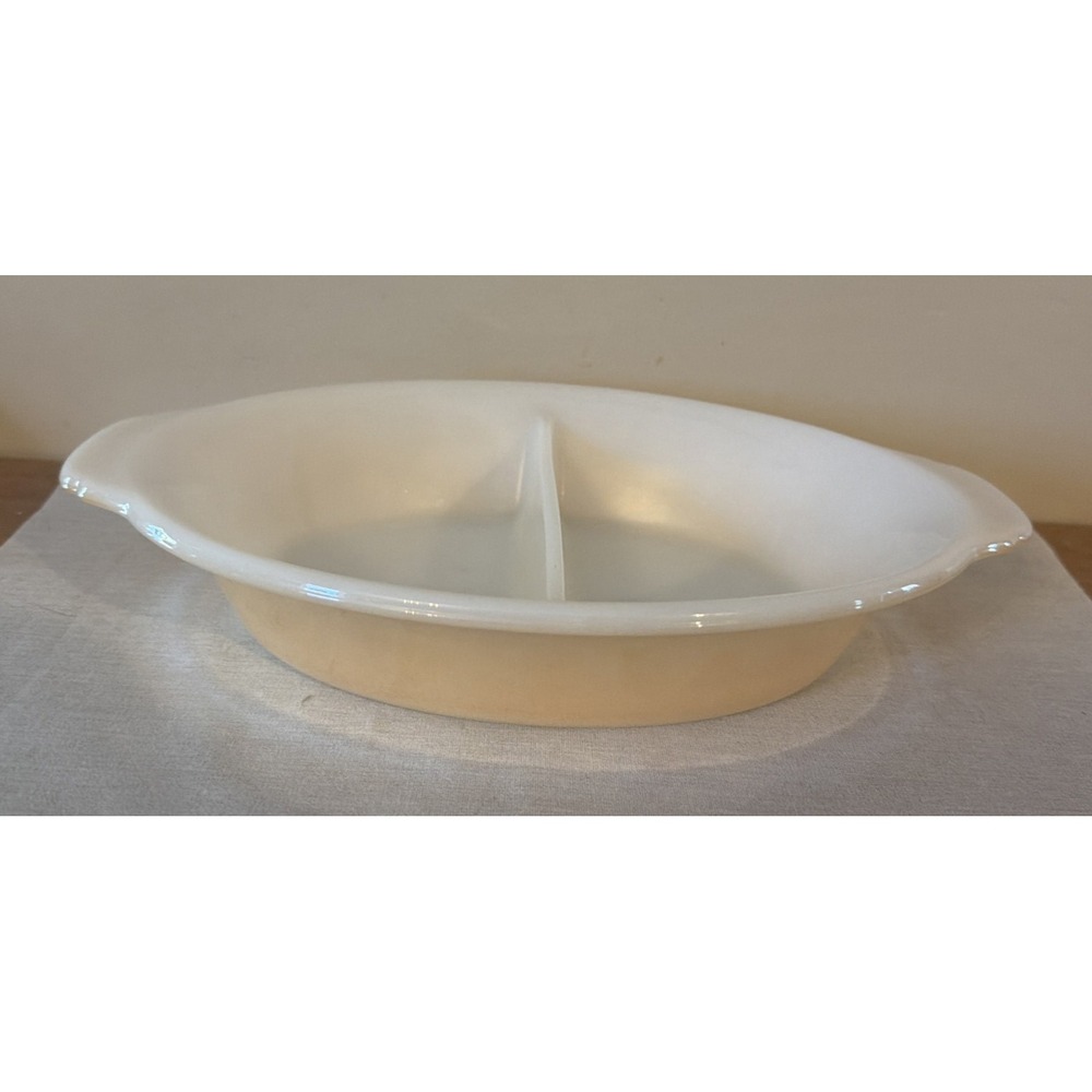 Vintage Fire King PEACH LUSTER OVAL Divided Casserole Baking Dish 1.5 Quart #468